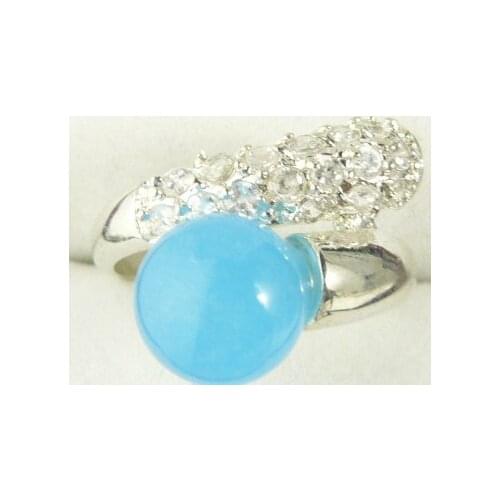 Wholesale noble blue Natural jade silver plated crystal inlay fashion ring(#7.8.9)