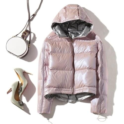 Down Jacket Winter Women Silver Down Parkas Coats with Hood White Duck Down Jacket Double-sided Waterproof Zipper Outerwear