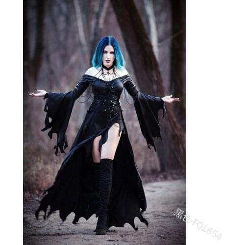 S-5XL Black Gothic Leather Floor Dress Morticia Addams Costume Adult Halloween Vampire Outfit Pagan Witch Devil Demon For Women