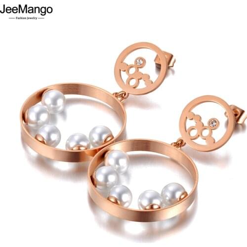 JeeMango Titanium Stainless Steel White Pearl Geometry Round Earrings Rose Gold Trendy Bohemia Party Earrings For Women JE20189