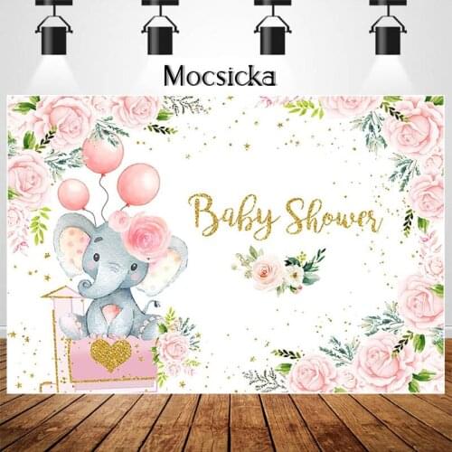 Elephant Baby Shower Backdrop Pink Floral Girl Elephant Party Photo Backdrops Cake Table Decorations Photography Background