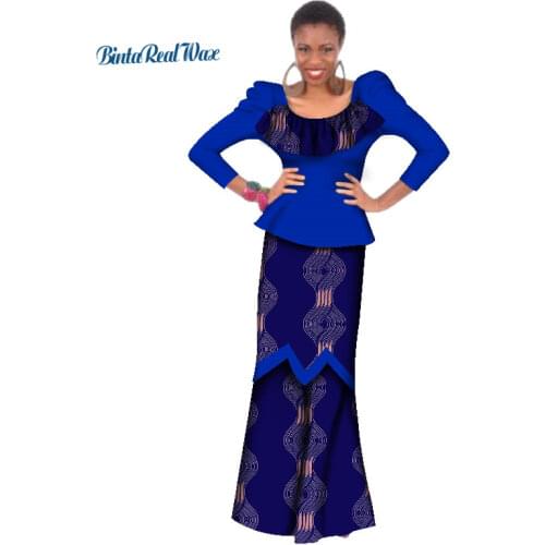 Traditional African Patchwork Pleat 2 Piece Skirt Sets Clothing Bazin Riche African Tops and Straight Skirt Sets for Women WY207