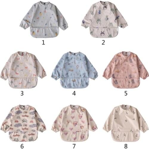 Cartoon Printed Waterproof Bib with Pocket Baby Infants Long Sleeve Feeding Drawing Painting Apron Newborn Smock
