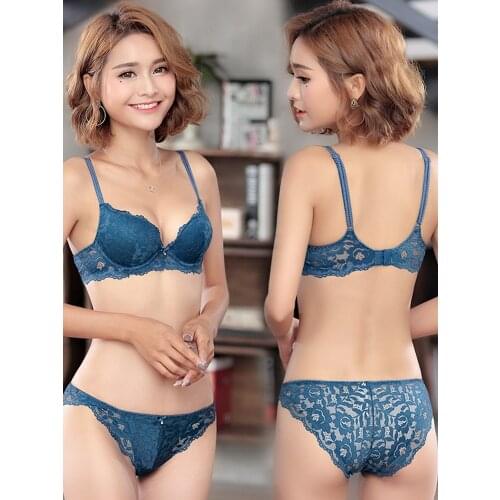 Elovegirl Blue Suit Gather Small Chest Two-Breasted Bra With Steel Ring And Thin Shoulder Straps Underwear Set For Women