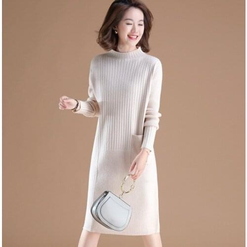 Womens Solid Striped Turtleneck Sweater Bottoming Dress Elegant Single Pocket Winter Warm Knitted Midi Straight Dresses Female