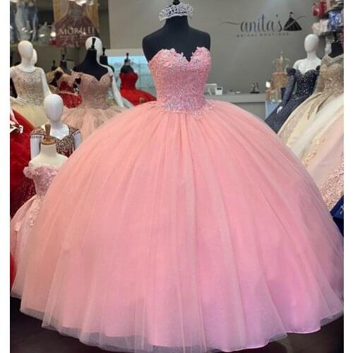 2021 Pink Ball Gown Quinceanera Dresses Vestidos De 15 Anos Applique Beaded Tulle Formal Princess Birthday Party Gowns