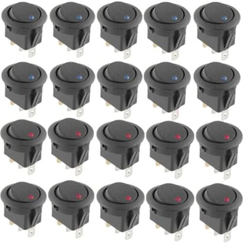 20 Pcs 12V 20A Amps On/Off/ 3 Position Terminal Round Rocker LED Toggle Switch Blue & Red