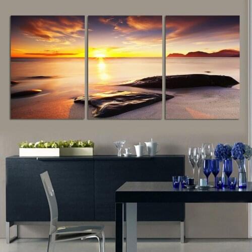 3 Piece Wall Art Sunset At Sea Oil Painting Prints On The Wall Picture Art HD Seaside Rocks Decoration Poster For Living Room