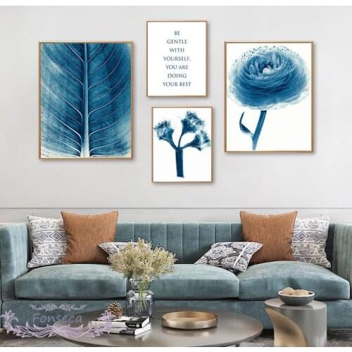 Watercolor Blue Ranunculus Flower Plant Leaf Poster Nordic Quote Wall Art Canvas Painting Modern Minimalist Home Decoration