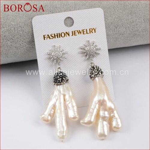 BOROSA New Arrival Drusy Pearl Dangle Earrings Paved Micro CZ Rhinestone Crystal Pearl Earrings Gems Jewelry For Women JAB841