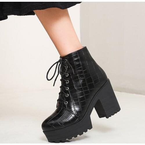 Pu Leather Ankle Boots Heels Platform Shoes Buckle Zipper Sexy Party Nightclub Shoes Woman High Heels Large Size 43