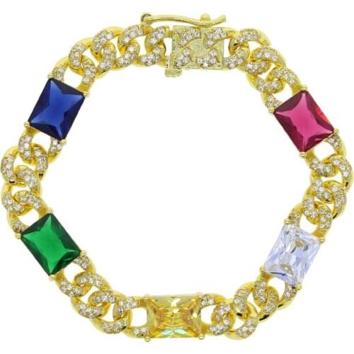 Iced Out Bling 2 Row CZ Bracelet Gold Color 7mm Cuban Chain Square Rainbow Stone Charm Bracelet For Women Hip Hop Rock Jewelry