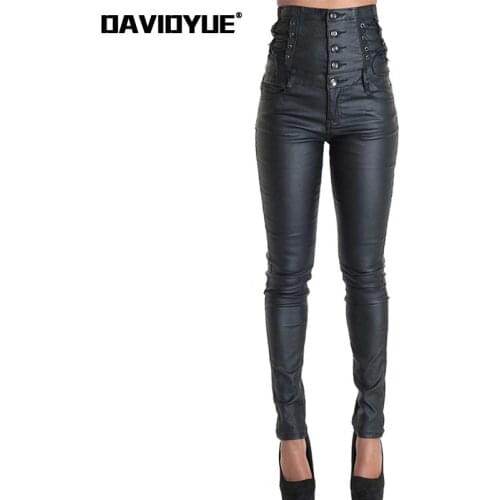 Spring winter lace up Pu Leather Pants 2021 Punk high waist black pants Street buttton Skinny Stretch leggings pencil trousers
