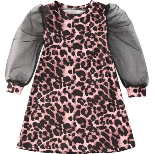 Children Leopard Print Mesh Long Sleeve Dress Perspective Puff Sleeve Round Neck Dress Fashion Girls Clothes