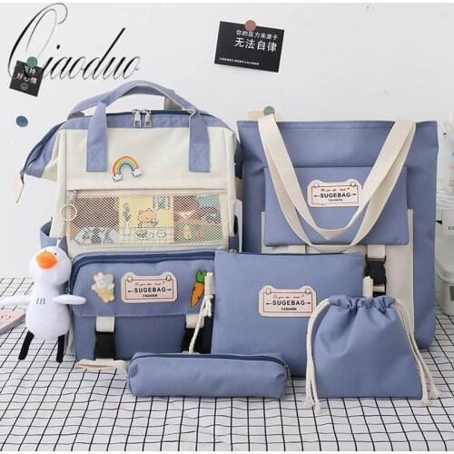 Qiaoduo 2021 5Pcs/set Canvas School Backpacks Women Lovely School Bags for Teenage Girls Bookbags Students Travel Shoulder Bags