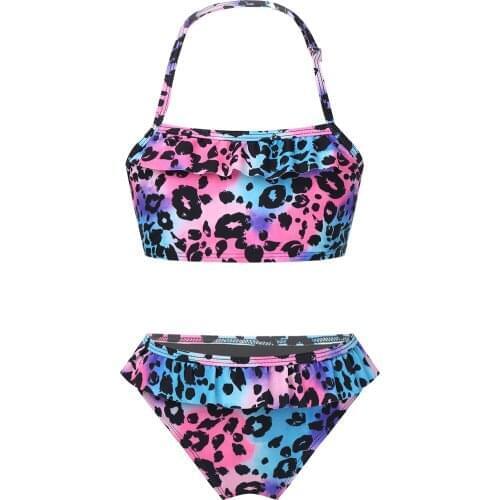 Kids Girls Bikini Suit Adjustable Halter Neck Sleeveless Cropped Swimming Top Ruffle Hem Briefs Set Beach Swimwear Bathing Suits