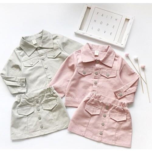 Girls Clothes Set Solid Color Long-sleeve Denim Jacket + Denim Skirt 2-Piece New Spring Autumn Childrens Clothes Set Outfit