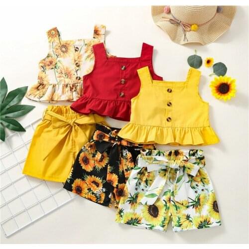 Summer Baby Children Kid Girl Infant Print Square Neck Sleeveless Tops Shorts Girls Sunflower Outfits Clothes Set 1-4 Years