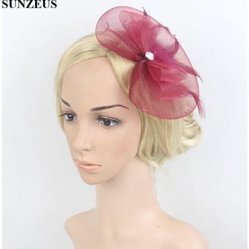 Sweetheart Sharp Tulle Bridal Hats with Feathers Burgundy Womens Formal Occasion Hats hoeden bruiloft SH22