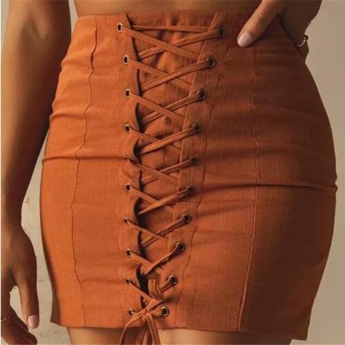 Evfer Summer Front Drawstring 2021 Fashion Womens Mini Skirts Chic Lady High Waist Solid Short Skirt Girls Back Zipper Faldas