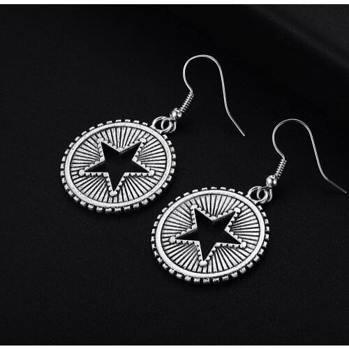 Trendy Vintage Round Star Shape Dangle Antique Silver Plated Cute Drop Earrings for Women Girl Retro Punk Jewelry