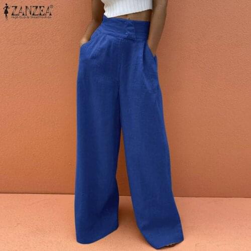 Fashion Womens Wide Leg Pants 2021 Summer Cotton Linen Pants ZANZEA Casual Solid Button Up Pants Oversized Ladies Zipper Pant 7