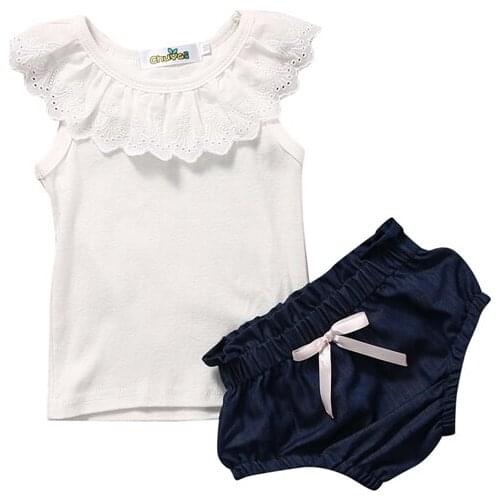 2PCS Fashion Cute Newborn Infant Baby Girl Short Sleeve O-Neck Pullover Solid Lace Shirt Top Bow Blue Shorts Outfit Summer Party