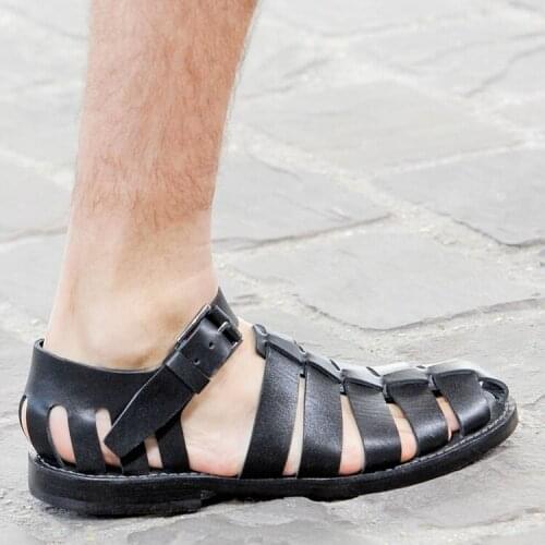 British Style Cut out Leather Mens Gladiators Flat heel Genuine leather Summer Hot Rome Sandals Male