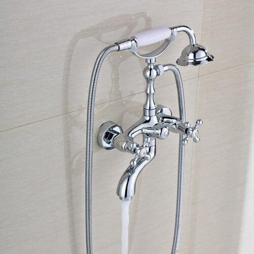 Telephone Style Wall Mount Bathroom Bathtub Mixer Faucet Chrome Brass Dual Handle Bath Tup Mixer Tap with Hand Shower