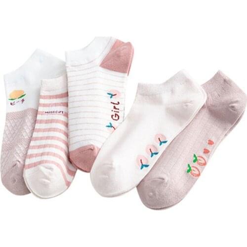 5 pairs Women Socks Set Cotton Striped Low Tube High Quality Casual Sport Girl Pink Strawberry Cow Crew Kawaii Cute Socks