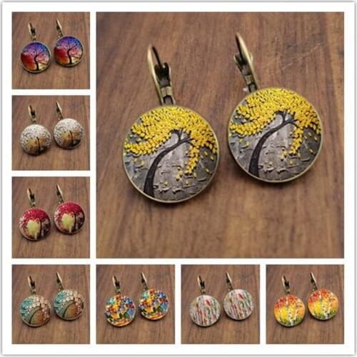 Tree of Life photo earrings, girls bronze cabochon glass earrings, ladies' birthday gifts, jewelry decoration