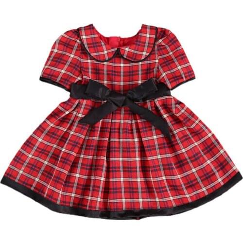 0-5 Years Infant Kids Baby Girls Princess Dress Red Plaid Pattern Short Sleeve Peter Pan Collar Bowknot Xmas Dresses
