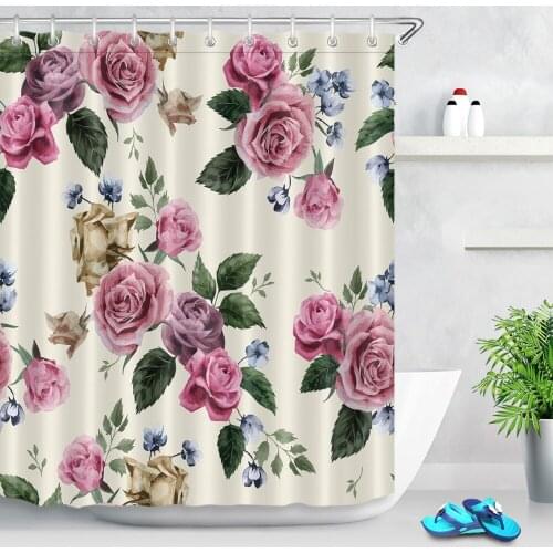 Floral with Pink Roses on Light Fabric Watercolor Shower Curtain Waterproof Polyester Bathroom Curtains For Bathtub Decor