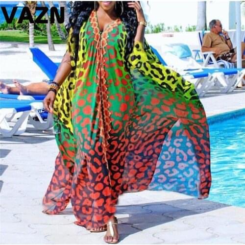 VAZN V-neck Beach Wind Colorful Print Vestido Short Sleeve Young Dress Mature Fashion Dress