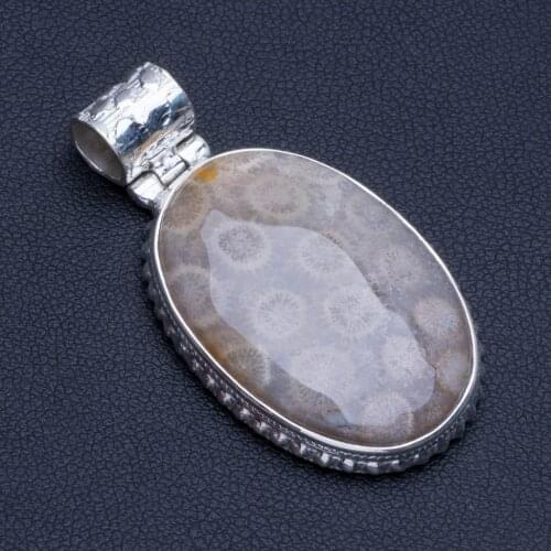 Natural Fossil Coral Punk Style 925 Sterling Silver Pendant 1 1/2" R0407