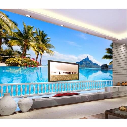 Custom 3d wallpaper Home Decoration Beach blue sky blue sea tree railing wallpaper mural painting for living room