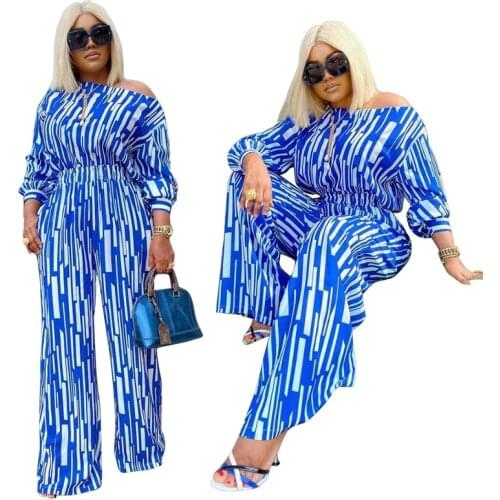 Plus Size Women Striped Printing Casual Two-Piece Set Fashion Slash Neck Tops High Elastic Waist Loose Pants Outfits 2021 Spring