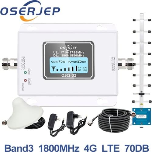 4G LTE Repeater 1800 LCD 70dB 2g 4g Cell Phone Signal Repeater DCS Band3 1800MHz Mobile Amplifier GSM Signal Booster + Antenna