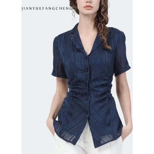 Luxury Bling Chiffon Striped Shirt Women 2021 New Summer Tops Short Sleeve V-Neck Elegant Slim Plus Size Office Ladies Blouses