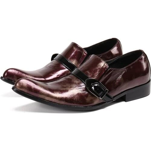 Patent Leather Man Dress Shoes Fashion Slip On Oxfords For Men Genuine Leather Punk Buckle Chain Formal Party Wedding Shoes