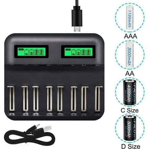 LCD Battery Charger 8 Slots AA AAA C D Battery Chargers For Rechargeable Batteries Fast Charging Accessories With USB Cable