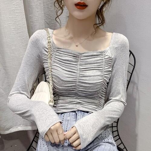 2020 Long Sleeve Folds T Shirt Women Autumn Slash Neck Tops T-Shirt Female Korean Cotton Tshirt Woman Clothes Tee Shirt Femme