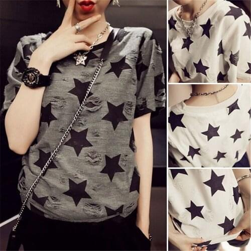 Plus Size Summer T shirts Womens Clothing 2020 New Korean Loose Hole Short Sleeve O-neck T-shirt Female Tee Tops XL-4XL