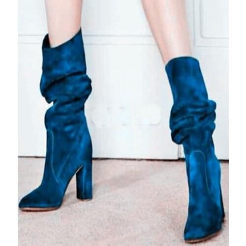 Green Blue Fashion Round Toe Suede Leather Pleated Knee High Chunky Heel Boots Woman Slip-on Long Thick High Heel Long Boots