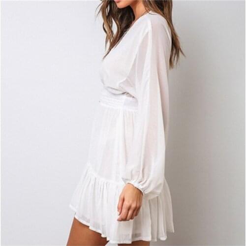 Sexy Plunge V Neck Womens Spring Summer Dress White Lace Long Sleeve Mini Party Dress Ruffle Elegant Clothing 2020