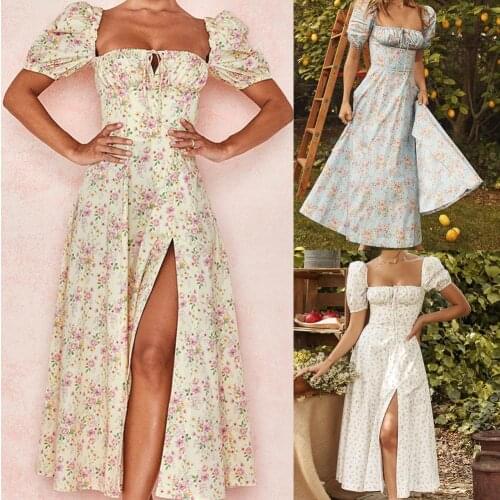 Summer Women Boho Dress Floral Printed Long Maxi Sundress High Split Puff Short Sleeve Square Neck Midi Dress Streetwear 2021