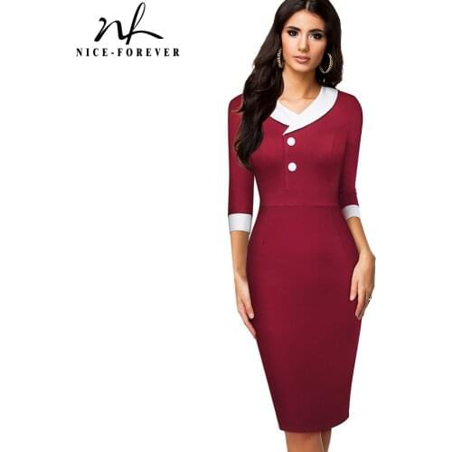 Nice-Forever Autumn Women Vintage Contrast Color Patchwork Office Dresses Business Bodycon Slim Elegant Dress btyB603