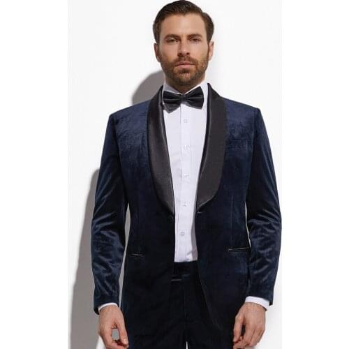 2020 Fashion Midnight Blue Velvet Groom Tuxedo Custom Made Slim Fit Wedding Tuxedo For Men Black Satin Shawl Lapel Latest Design