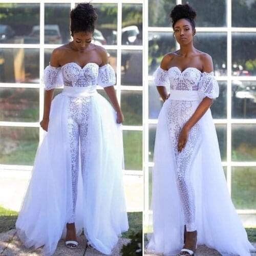 2021 White Lace Applique African Wedding Jumpsuit With Detachable Train Off Shoulder Garden Beach Bride Outfit Pant Suit