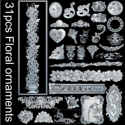Hi-Q 31pcs Floral ornaments 3d model STL relief for cnc STL format flower 3d Relief Model STL Router 3 axis Engraver ArtCam